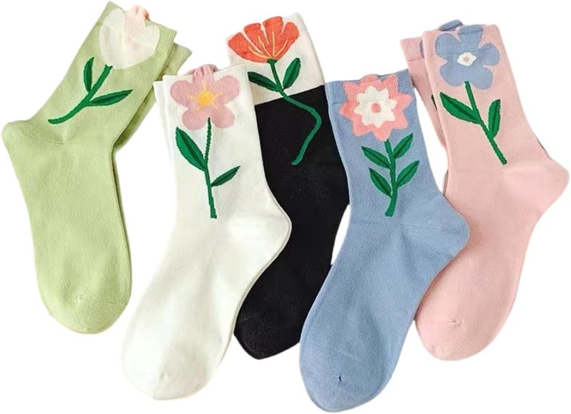 MarJunSep Cute Floral Crew Socks for Women Teen Girls Flower Cottagecore Frilly Vintage Fancy Cotton Socks - Image 1